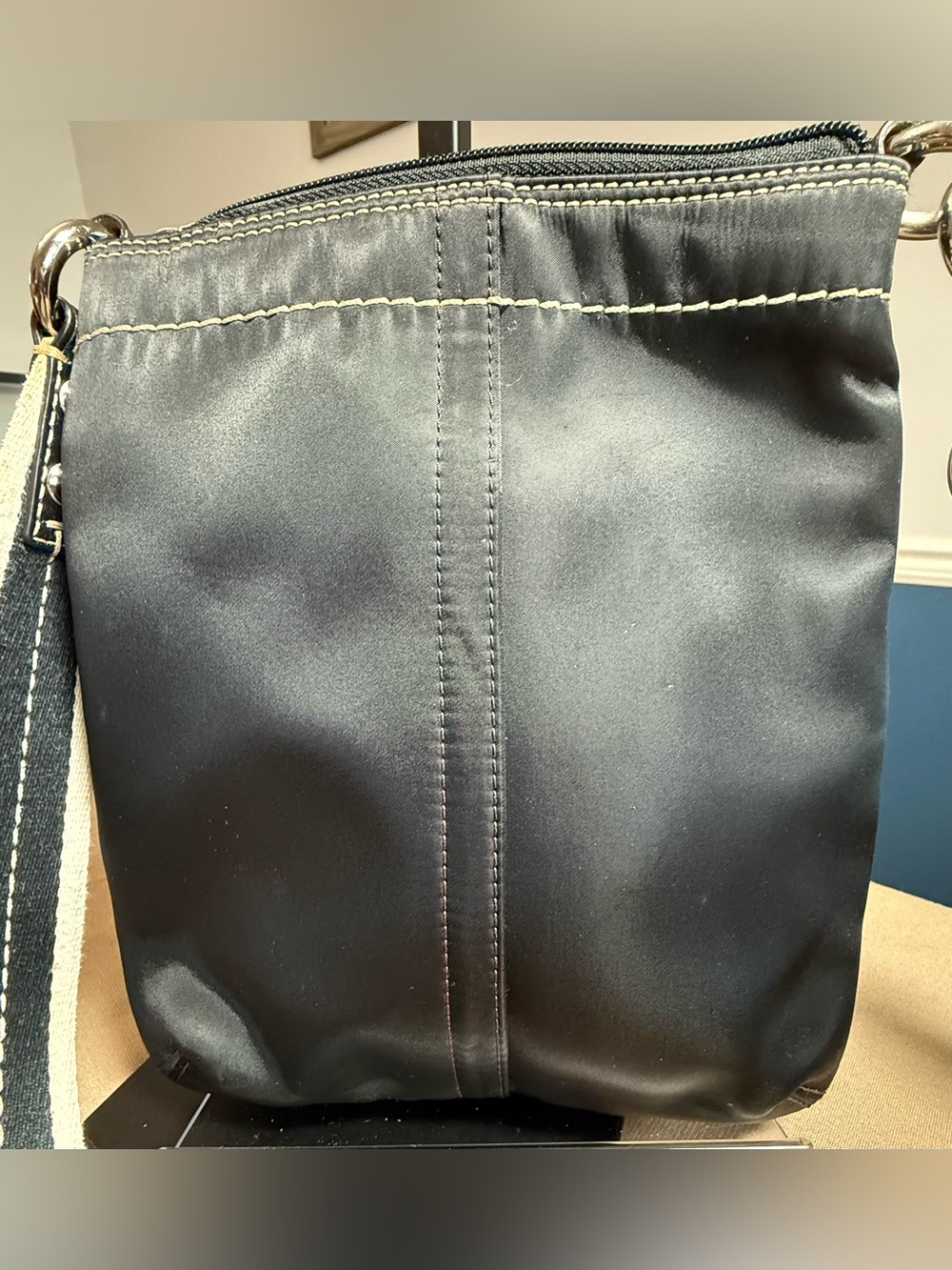 Coach Black Crossbody Bag with White-Trim Strap and Lavender lining. - Picture 4 of 9